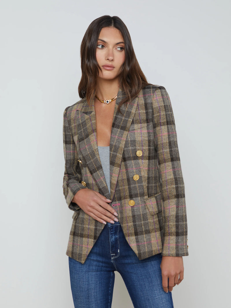 Kenzie Double Breasted Blazer - Tan Pink Multi Plaid