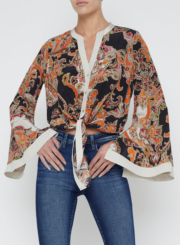 Charlize Bell Sleeve Blouse - Tonal Tan Paisley Medallion