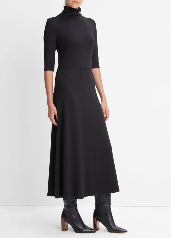 Elbow Sleeve Turtleneck Dress - Black